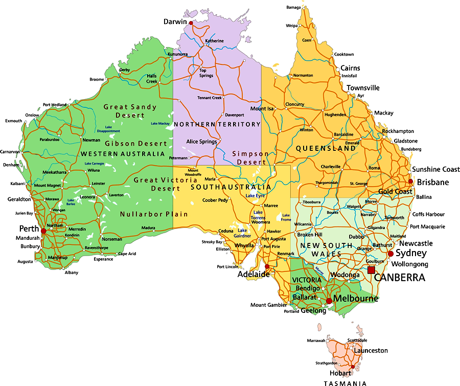 Mapa da Austrália com cidades