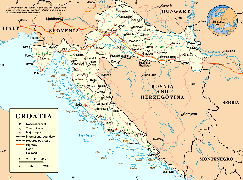 Mapa da Croácia com cidades e países vizinhos