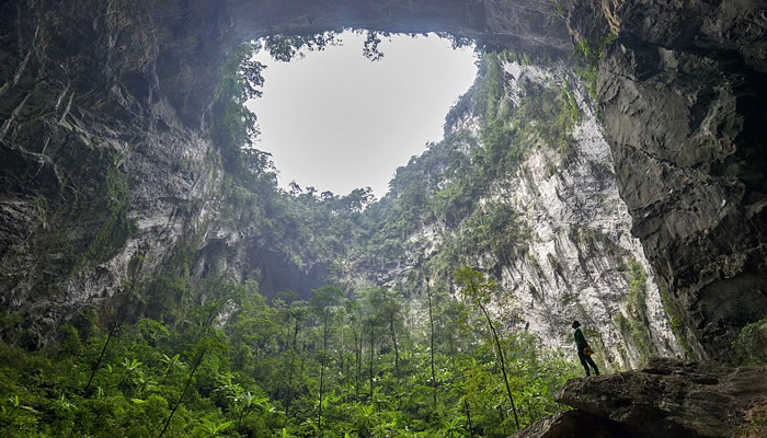 Uma das gigantescas dolinas da caverna de Son Doong, no Vietna