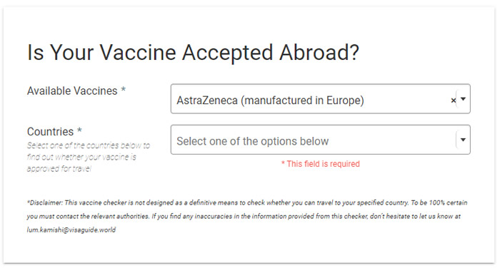 Ferramenta de checagem de aceitação de vacina para viagem internacional