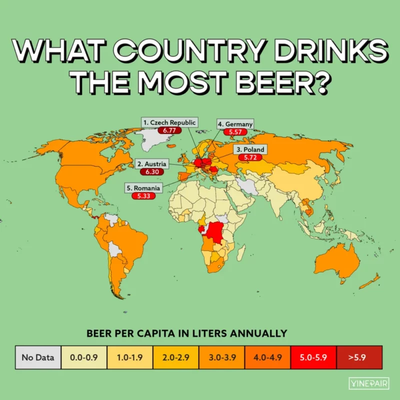 Mapa dos países que mais bebem cerveja no mundo